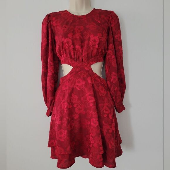 Rahi  Red Floral Print Cutout Long Sleeve Mini Dress  NWOT - Picture 1 of 10
